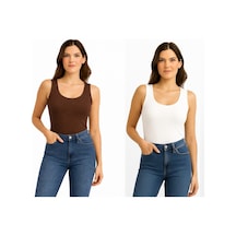 İngegno Body Geniş Bisiklet Yaka Sıfır Kol Örme Kumaş Viskon Body 2 Li Paket Beyaz - Kahverengi