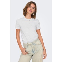 Only Kadın Onlglobe Taş Detaylı Sıfır Yaka %100 Pamuk T-shirt 15342984 Beyaz Beyaz