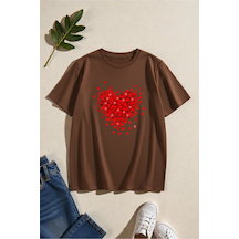 Uyguntarz Unisex Karışık Kalpler Baskılı Tasarım Tshirt Kahverengi
