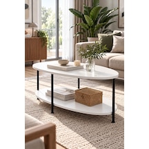 Oval Orta Sehpa 90 Cm İki Katlı Raflı Metal Ayaklı Modern Dekoratif Salon Sehpası Beyaz