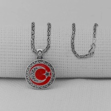 Takılingo 925 Ayar Gümüş Ayyıldız Gravür Tasarım Kırmızı Mineli 2 Mm Kral Zincirli Erkek Kolye Gümüş