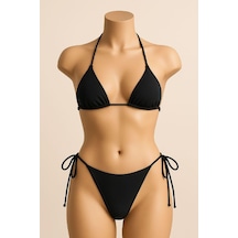 Kadın Kombin Şıklığı Siyah Yandan Ve Boyundan Bağlamalı Bikini Ma