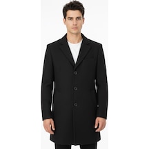Süvari Slim Fit Sivri Yaka Erkek Koyun Yünlü Kaban Siyah
