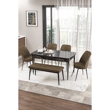 Canisa Concept Zen Serisi 80x132 Mdf Açılabilir Siyah Mermer Desen Masa Takımı 4 Kahverengi Sandalye Ve 1 Bench Masa Siyah Mermer Sandalye Ve Bench Kahve