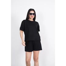 Tarzyeri Osy Modal Yumuşak Dokulu Kumaş Kadın Bisiklet Yaka T-shirt Kısa Şort İkili Takım - Siyah Beyaz
