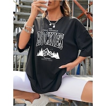 Tarzsokak Kadın Siyah Rockıes Baskılı Oversize Bisiklet Yaka Tshirt Siyah