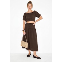 Shade Kadın Balon Kollu Crop Bluz Bağlama Detaylı Pamuklu Müslin Etek Takım Yc2728 60286287 - Acı Kahve Çok Renkli