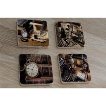Köstekli Saat Daktilo Fotoğraf Makinesi Tüy Kalem Doğal Taş Bardak Altlığı 4'lü Set - Natural Stone Coasters - Taş Çok Renkli