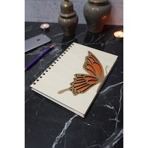 Kelebek Desenli Ahşap Kapaklı Defter - Ajanda - Günlük - Çizgisiz Defter - A5 Notebook Anı Defteri