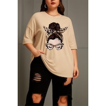 Ceny Kadın Büyük Beden Battal Baskılı Bisiklet Yaka Pamuklu T-shirt Rahat Kesim Unisex Sevgili Kombini Taş Rengi