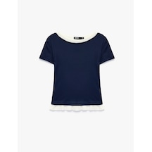 Koton Slim Fit Renk Kontrastlı Katmanlı Yuvarlak Kayık Yaka Kısa Kollu Tişört Lacivert 6sak50541ek