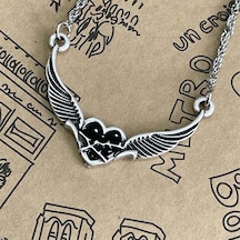 Unisex Angel Wings Siyah Kalp Kolye Beyaz
