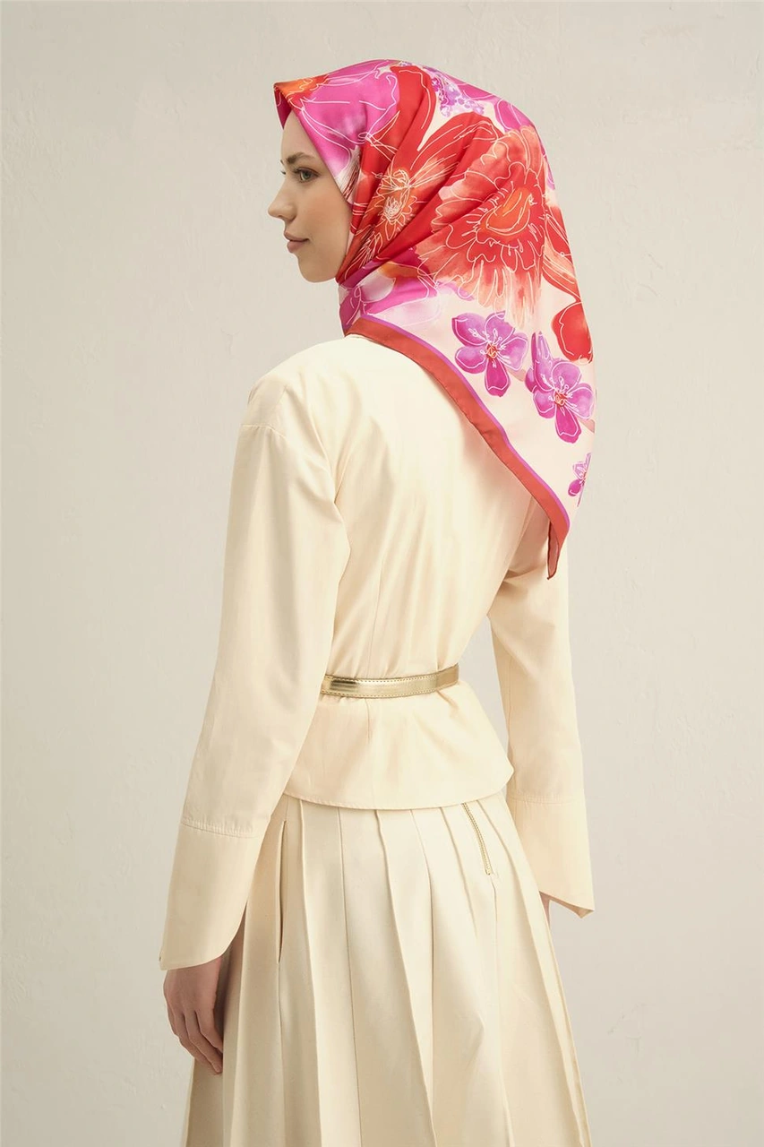 Armine Çiçek Desenli Saf İpek Twill Eşarp 9318d 50 Çok Renkli