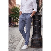 Rizzup Erkek Slim Fit Çizgili Mavi Kumaş Pantolon İpli Esnek Bel Likralı Spor Pantolon 2700240