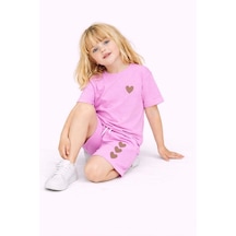 Cg Kids Kalp Baskılı Kız Çocuk Tshirt&şort Alt Üst Takım Sırt Baskı Kabartma Detay Pembe