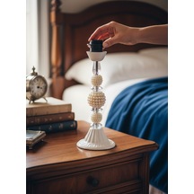 İncili Abajur Ayağı Model Beyaz Renk Vintage Model