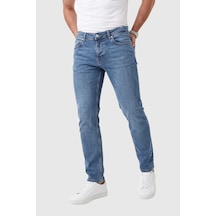 Deepsea Erkek Slim Fit %98 Pamuk Likralı Taşlanmış Mavi Jean Esnek Dar Paça Kot Pantolon 2608303