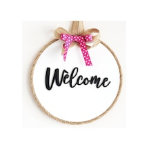 Welcome Yazılı Kurdeleli Ahşap Beyaz Kapı Süsü