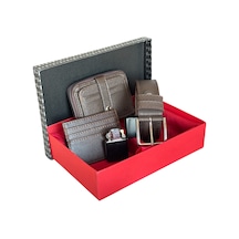 Premium Serisi Özel Kutulu Lüks Deri Yatay Fermuarlı Spor Cüzdan Kemer Kartlık Ve Çakmak Erkek Seti Kahverengi