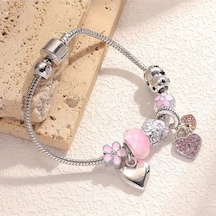 Yeni Tarz, Pembe Kalp Sade Şık Crystal Aşk , Sevgi Charmlı Bileklik, Ahşap Kutu İçerisinde Gümüş Gümüş