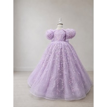 Star Kids Fashion Kız Çocuk Lila Prenses Elbisesi Çiçek İşlemeli Kabarık Tül Abiye Doğum Günü Özel Gün Elbisesi kırmızı