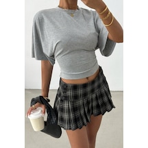 Kadın Gri Yarasa Kol Belden Oturtmalı Pamuklu T-shirt Gri