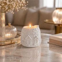 Masalsı Ev Desenli Taş Tozu Mumluk El Yapımı Dekoratif Tealight Mumluk Beyaz