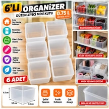 6'lı Mini Organizer Kutu 750 Ml Buzdolabı Kiler Dolap Düzenleyici Şeffaf Saklama Kutusu Şeffaf Beyaz