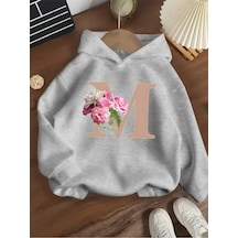 Kışlık Kapüşonlu Sweatshirt, Çocuk Çiçekler M Harfli Baskılı Gri