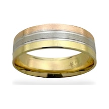 Magold Üç Renk İçi Dolu Özel Tasarım 7 Mm Taşsız 14 Ayar Altın Alyans Yüzük