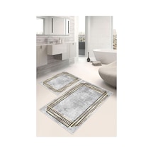Dijital Baskı Çerçeveli Kaymaz Taban 2li Set Banyo Paspası Klozet Takımı 50x60cm-60x100cm Gri
