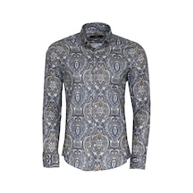 Damask Desenli Mavi Slim Fit Gömlek Lacivert
