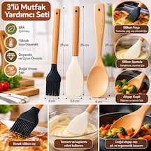 3 Lü Mutfak Gereçleri Seti Ahşap Saplı Silikon Fırça Spatula Kaşık Açık Ahşap
