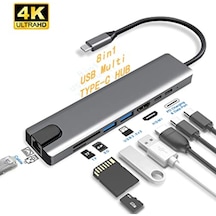 8in1 4K Type-C USB 3.0 Hub HDMI RJ45 SDTF Adaptörü
