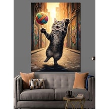 Ahşap Tablo Yumakla Oynayan Kedi Resmi