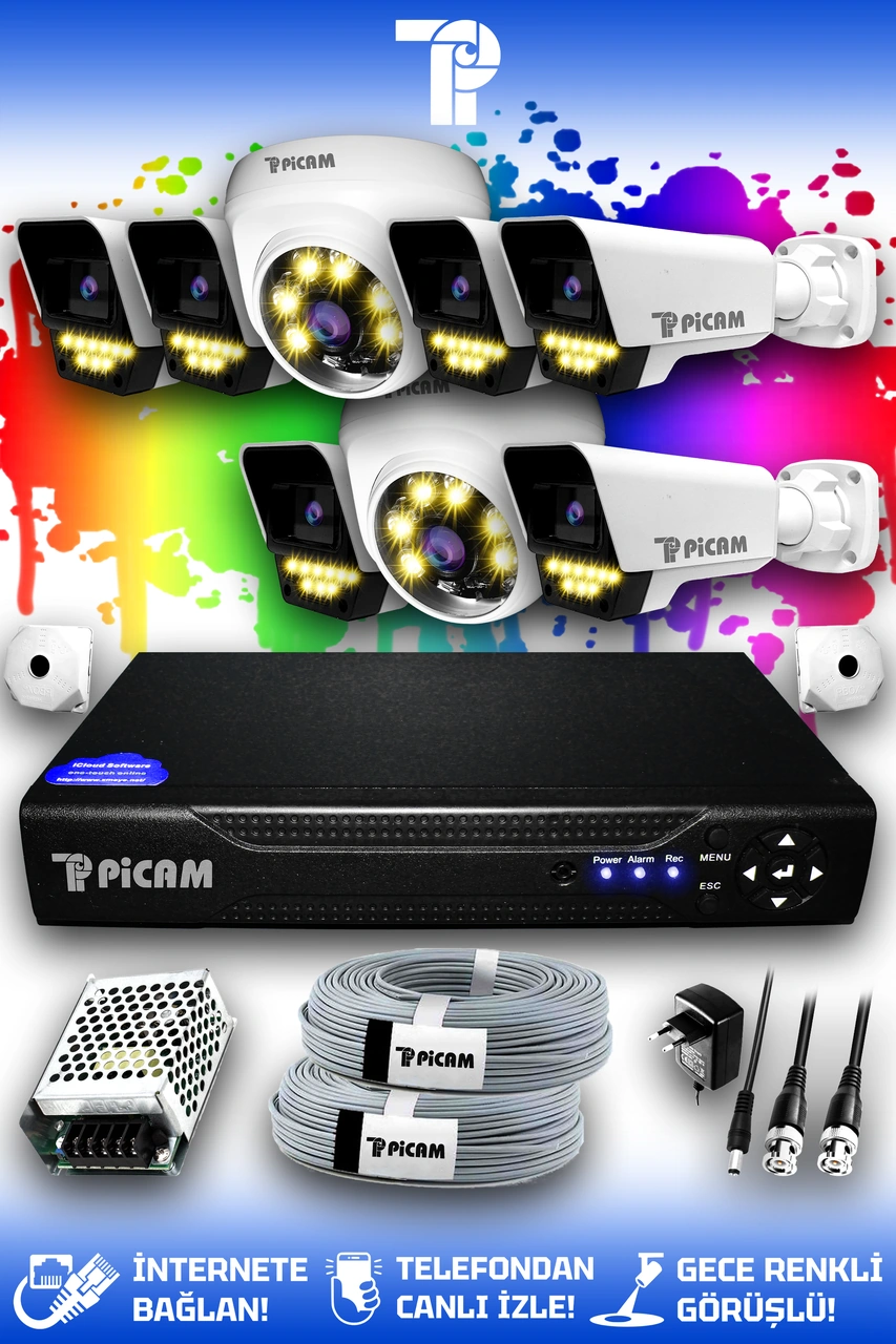 Picam 8 Kameralı Süper 2 İç Kamera Set HDD'siz 5 MP 2K Net Renkli Gece Görüşlü Güvenlik Kamerası Sistemi