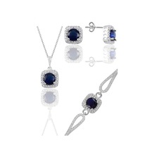 Gümüş Rodyumlu Safir Taşlı Kare Kolye Küpe Ve Bileklikten Oluşan