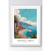 Monte Carlo France Vintage Seyahat Posteri Çerçeveli Tablo - Premium Akdeniz Elit Duvar Dekoru Beyaz