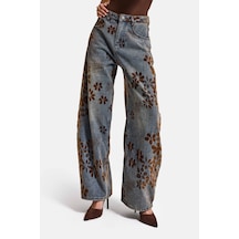 Itsbasic Kadın T.kot Rengi S5-8 Özel Flok Desenli Skater Fit Tasarım Denim Jean Kırmızı