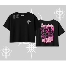 Tarzsokak Born To Be A Star Yazılı Sevimli Kedi Arka Baskılı Oversize Crop Tshirt Siyah