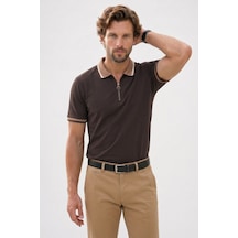 Tudors Erkek Slim Fit Dar Kesim %100 Pamuk Kısa Kollu Yarım Fermuarlı Kahverengi Polo Yaka Tişört-50746