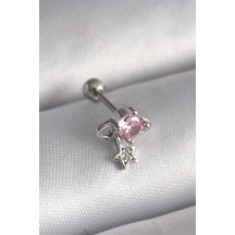 Ceylan Adam 316l Çelik Gümüş Renk Pembe Zirkon Taşlı Sallantı Yıldız Detay Tragus Piercing Çok Renkli