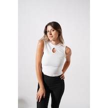 Ckm Moda Chester Yüksek Kalite Kadın Yaka Detaylı Fitilli Crop Örme Bluz Beyaz