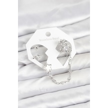 Pirinç Gümüş Renk Yıldız Model Zincir Bağlantılı Ear Cuff Küpe Seti Çok Renkli