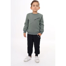 Toontoy Kids Toontoy Erkek Çocuk 2'li Takım Baskılı Bisiklet Yaka Asimetrik Sweatshirt & Beli Paçası Lastikli Cepli Jogger Eşofman Altı - Renk Bloklu & 3 İplik Şardonlu Yeşil