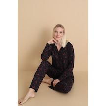 Wordex Mirano 9807 Şardonlu Soft Kışlık Düğmeli Kadın Pijama Takımı Siyah