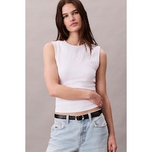 Calvin Klein Kadın Regular Kalıp Nervürlü T-shirt - Beyaz Brilliant White