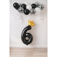 Siyah Folyo Balon, Kral Tacı Ve Konfetili Siyah Balon Set 6 Genel