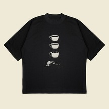 Tarzsokak Coffee Cat Baskılı Oversize Unisex Pamuklu Nefes Alan Kalın Kumaşlı Siyah