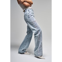 Itsbasic Kadın Snow Kot Rengi 3s5-3 Dantel Nakışlı Loose Fit Orta Bel İç Boy 83 Cm Tasarım Denim Jean